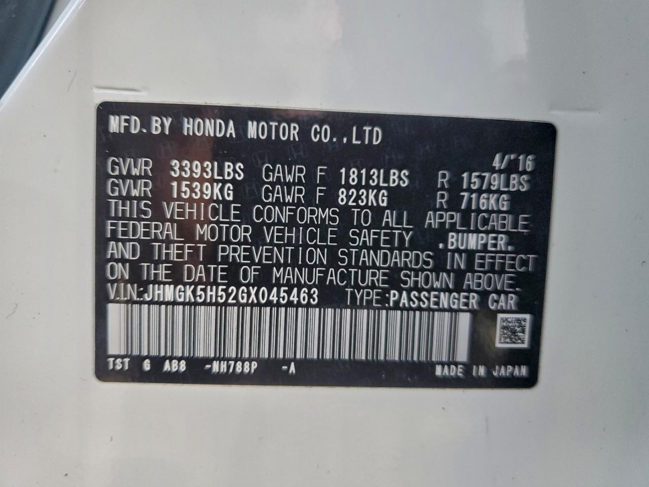 2016 Honda Fit Lx VIN: JHMGK5H52GX045463 Lot: 93866785