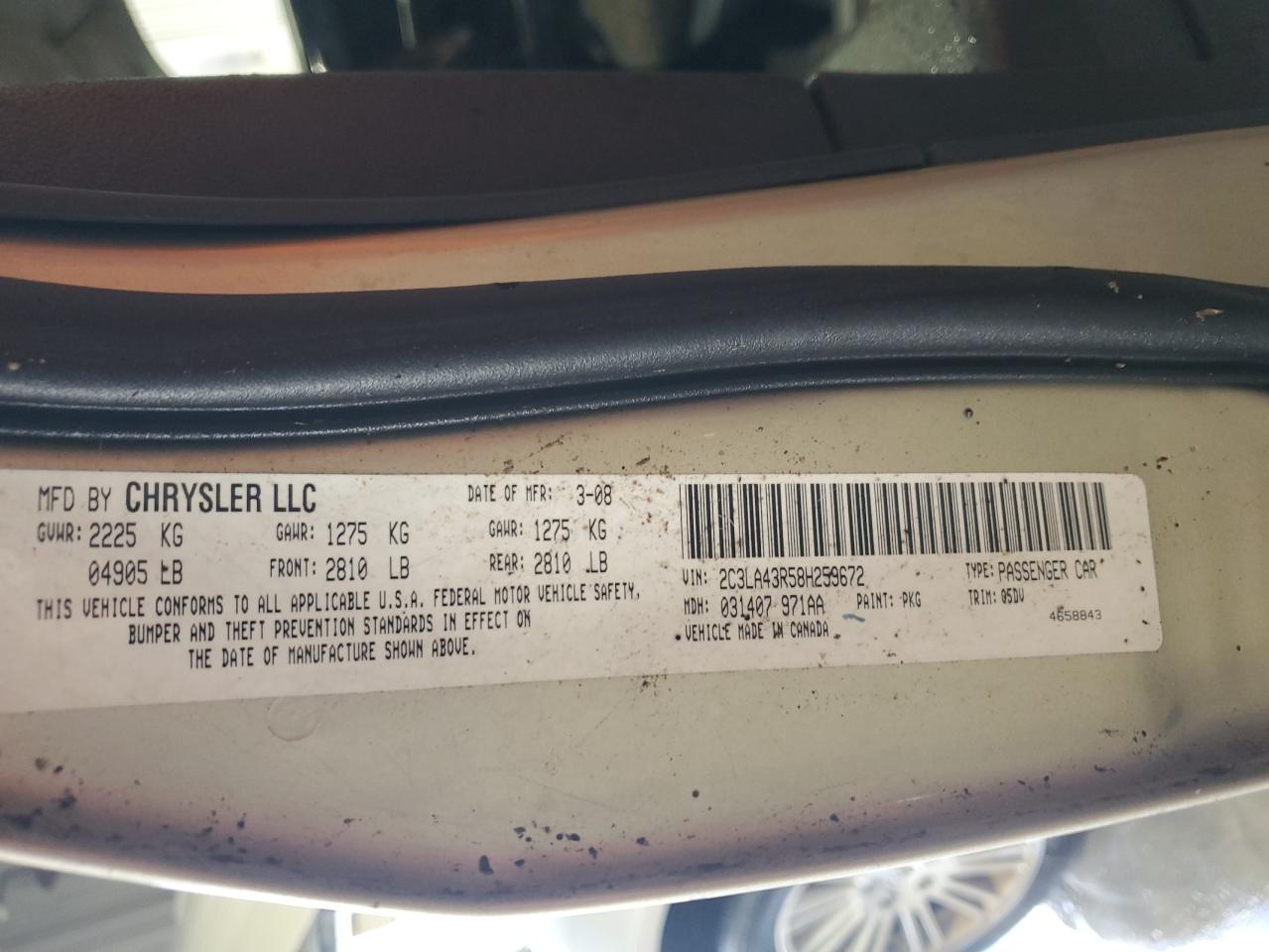 2008 Chrysler 300 Lx VIN: 2C3LA43R58H259672 Lot: 91242565