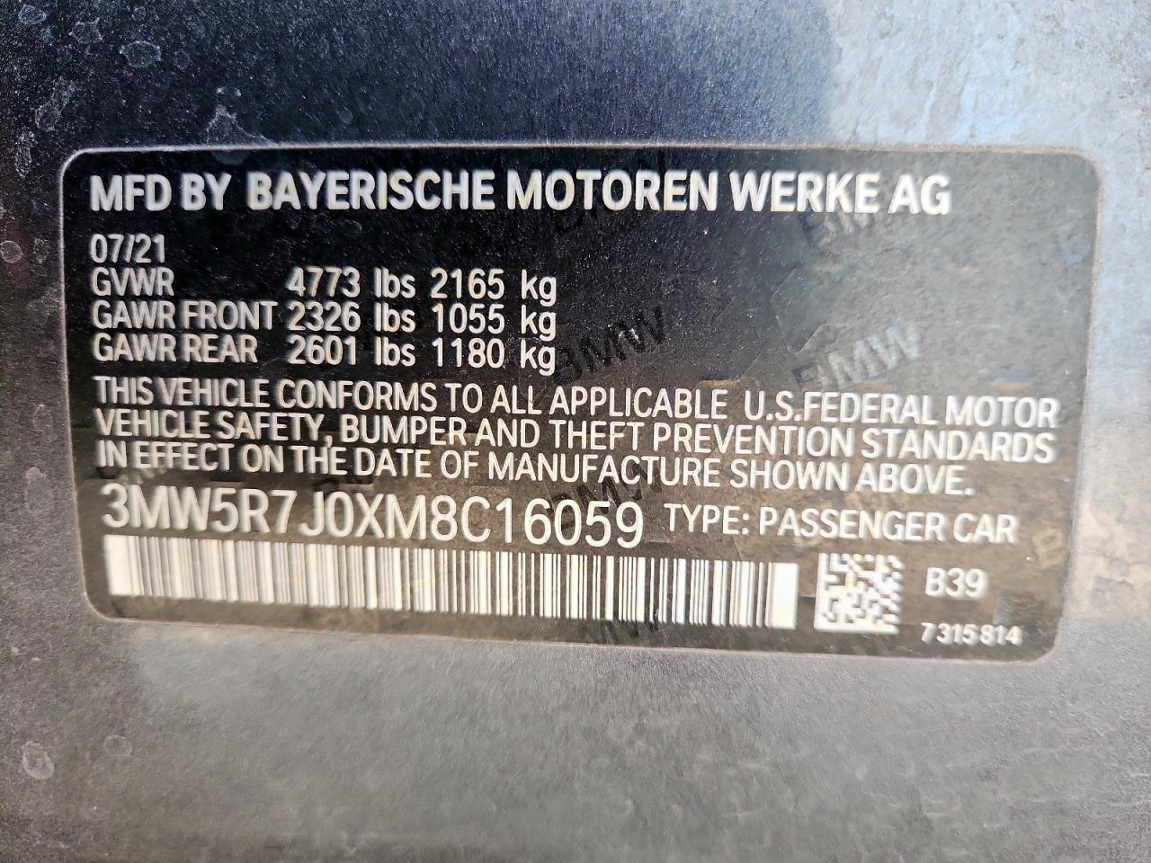 2021 BMW 330Xi VIN: 3MW5R7J0XM8C16059 Lot: 92532535