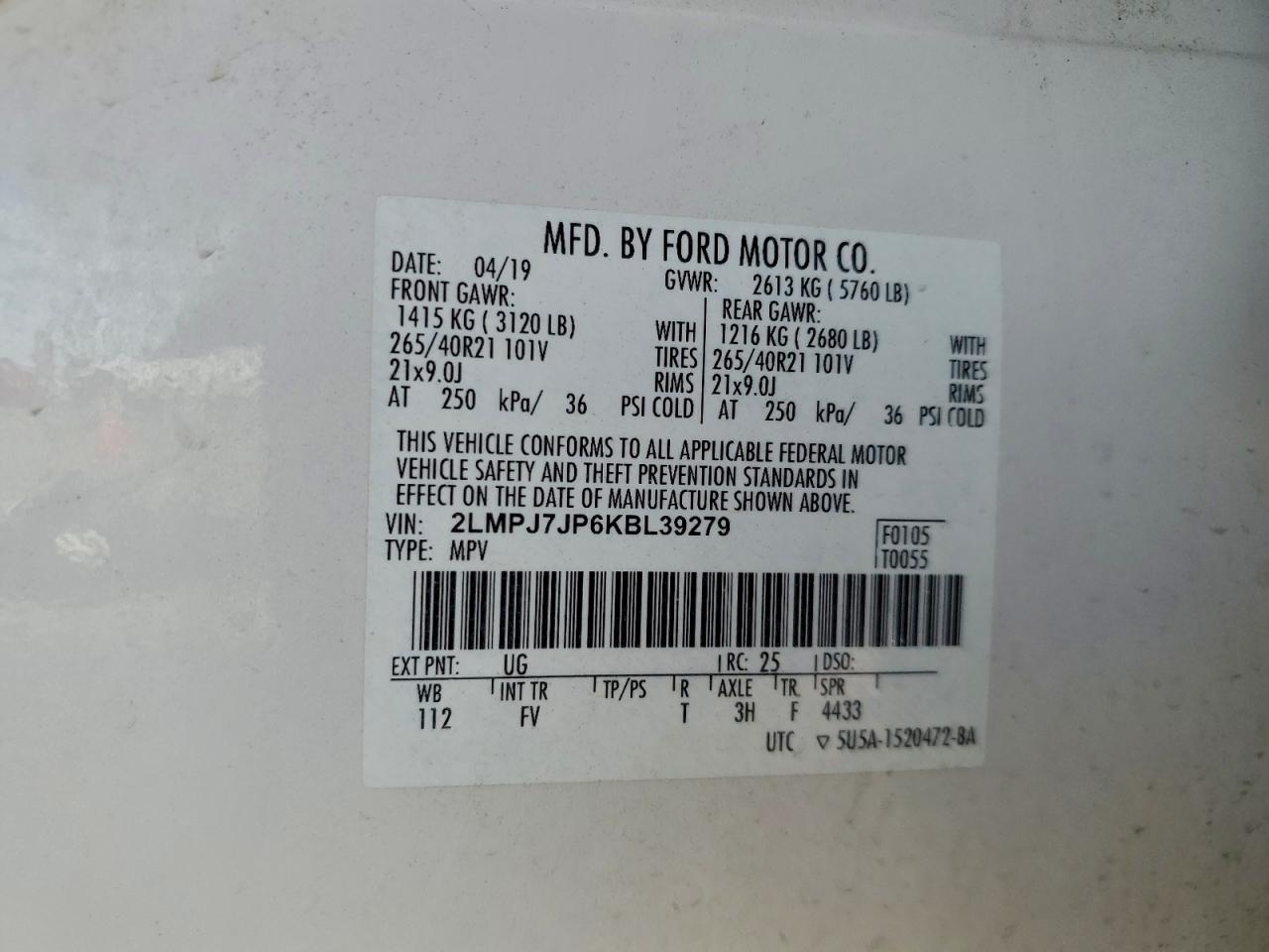 2019 Lincoln Nautilus Black Label VIN: 2LMPJ7JP6KBL39279 Lot: 93884885