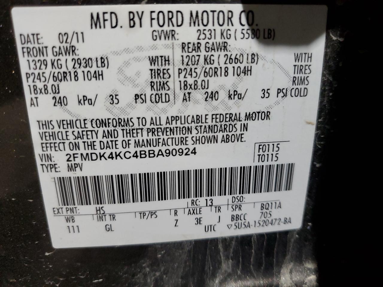 2011 Ford Edge Limited VIN: 2FMDK4KC4BBA90924 Lot: 93219775