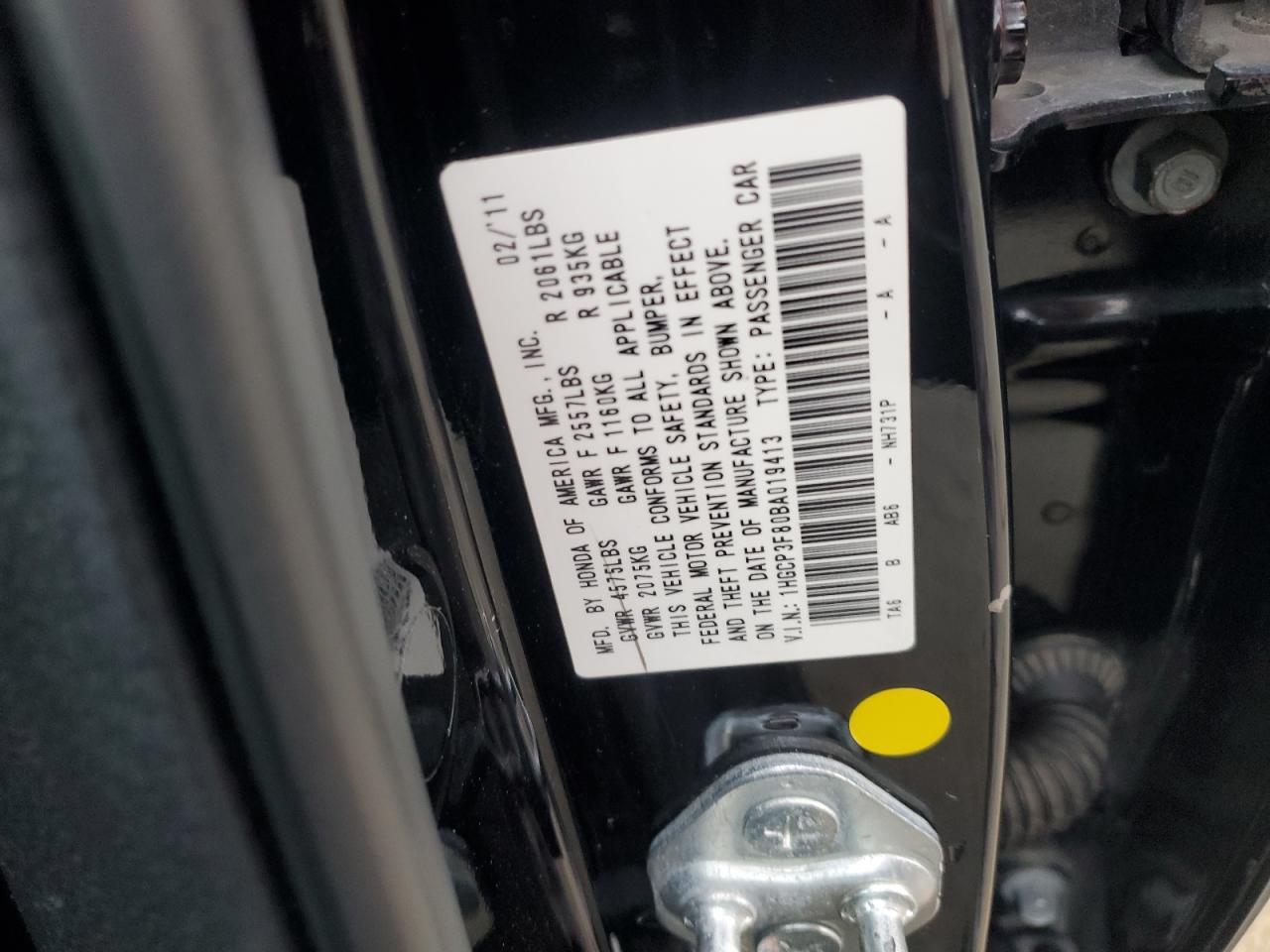 2011 Hond Accord VIN: 1HGCP3F80BA019413 Lot: 93701455