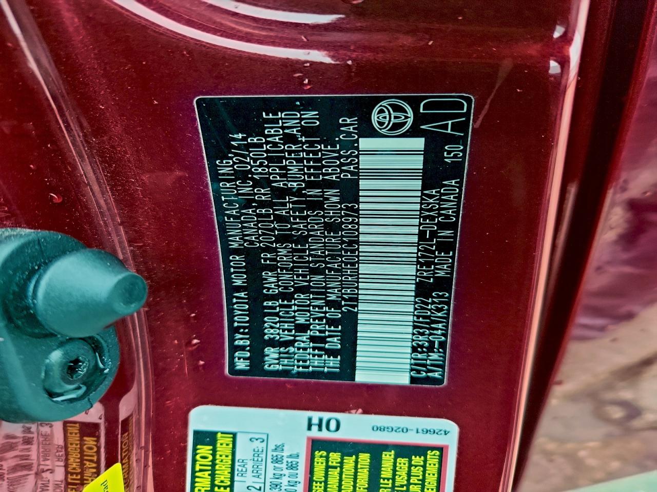 2014 Toyota Corolla L VIN: 2T1BURHE0EC108973 Lot: 92752515