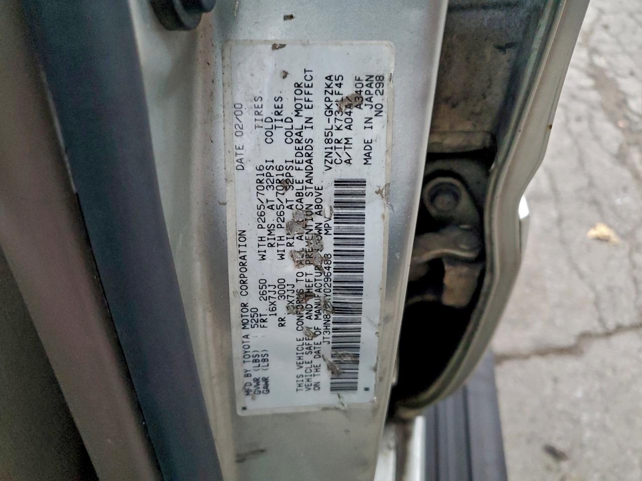 2000 Toyota 4Runner Limited VIN: JT3HN87RXY0296488 Lot: 94043295