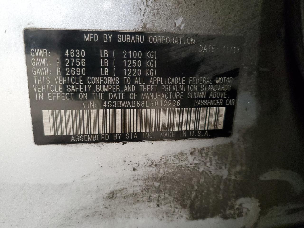 2020 Subaru Legacy VIN: 4S3BWAB68L3012236 Lot: 91410665