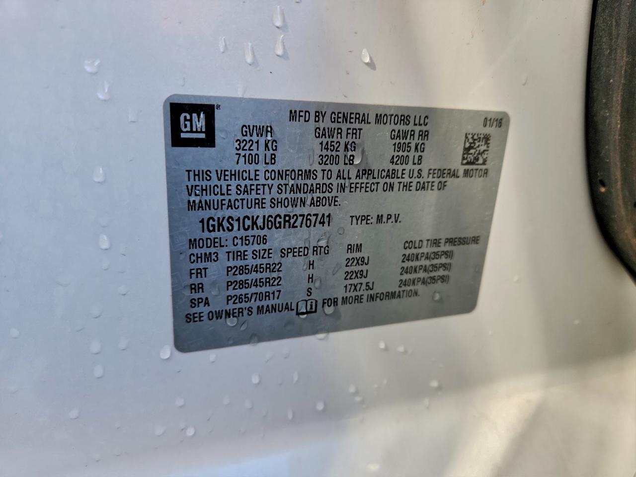 2016 GMC Yukon Denali VIN: 1GKS1CKJ6GR276741 Lot: 93835705