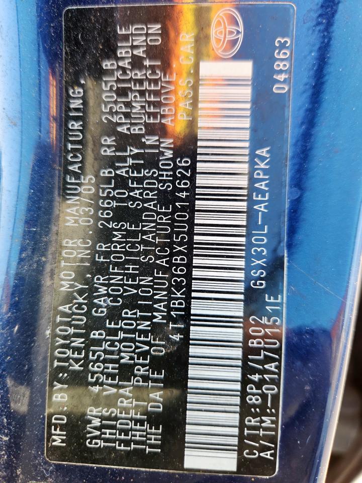 2005 Toyota Avalon Xl VIN: 4T1BK36BX5U014626 Lot: 92857995