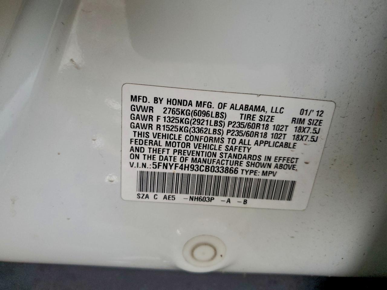 2012 Honda Pilot Touring VIN: 5FNYF4H93CB033866 Lot: 93959285