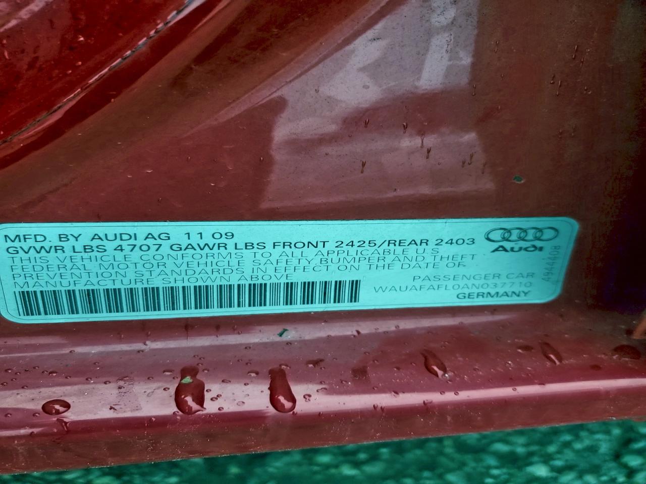 2010 Audi A4 Premium VIN: WAUAFAFL0AN037710 Lot: 94036385