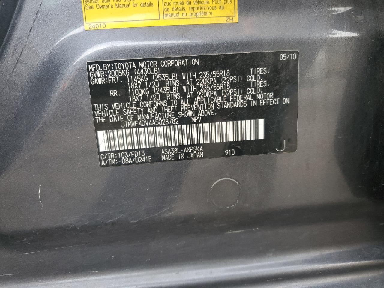 2010 Toyota Rav4 Sport VIN: JTMWF4DV4A5028782 Lot: 92455695