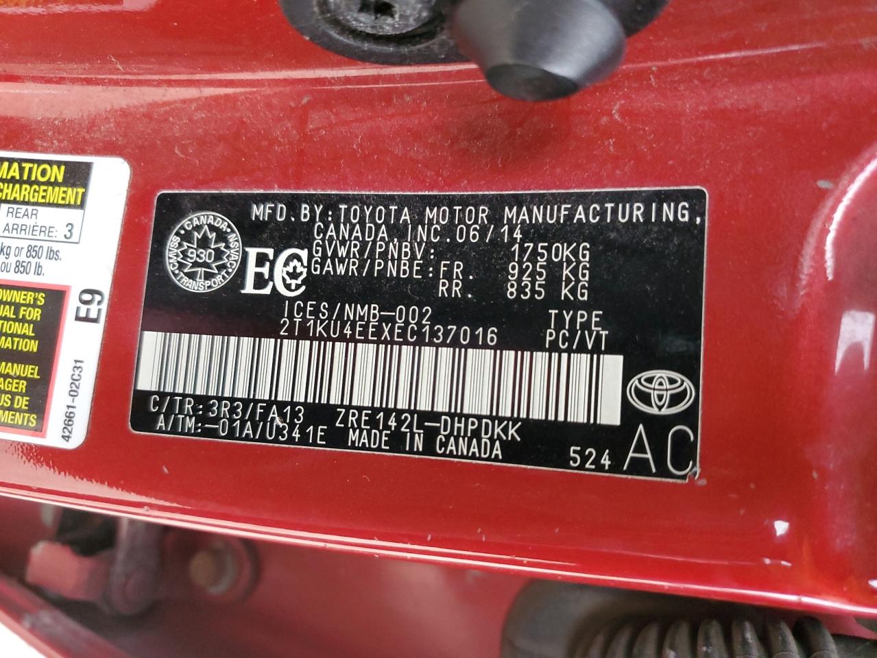 2014 Toyota Matrix Base VIN: 2T1KU4EEXEC137016 Lot: 91006645