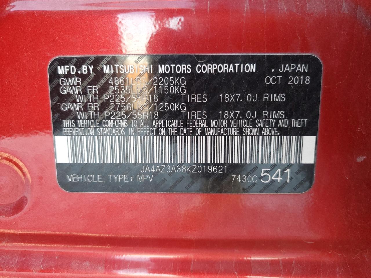 2019 Mitsubishi Outlander Se VIN: JA4AZ3A38KZ019621 Lot: 92387355