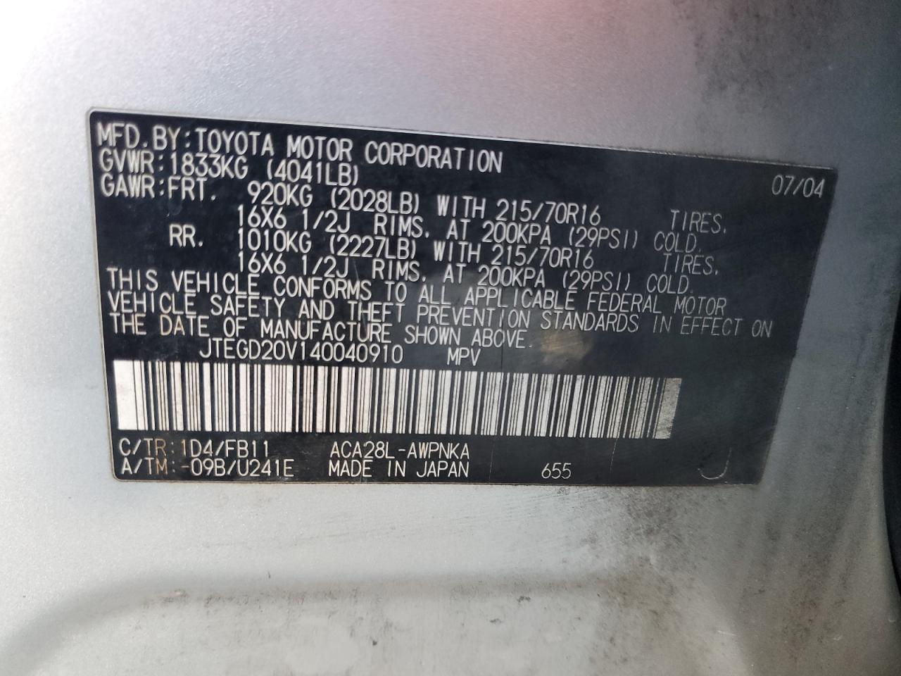 2004 Toyota Rav4 VIN: JTEGD20V140040910 Lot: 92737745