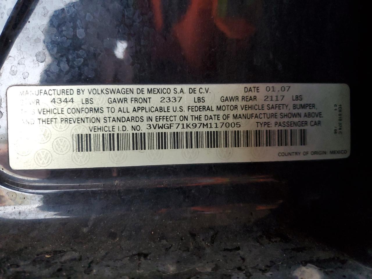 2007 Volkswagen Jetta VIN: 3VWGF71K97M117005 Lot: 93055765