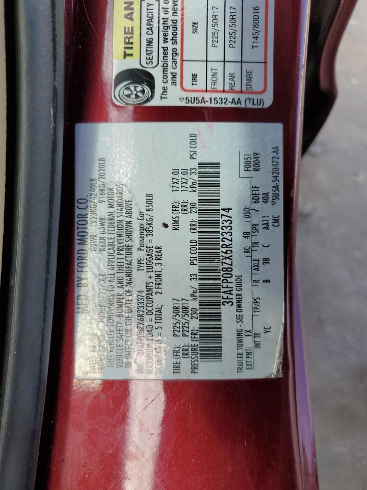 2006 Ford Fusion Sel VIN: 3FAFP08ZX6R233374 Lot: 90852535