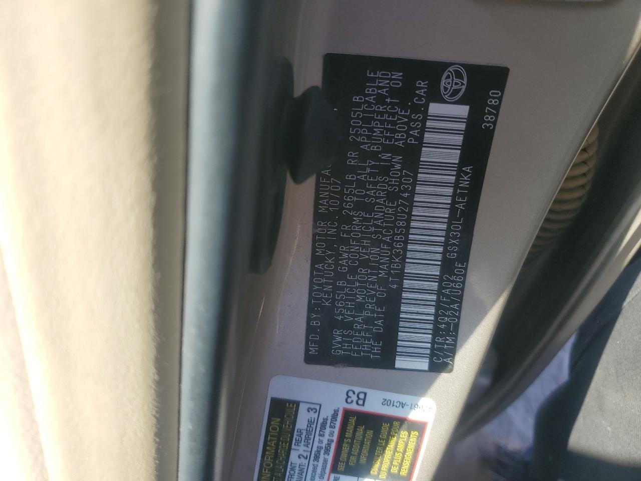 2008 Toyota Avalon Xl VIN: 4T1BK36B58U274307 Lot: 92421045