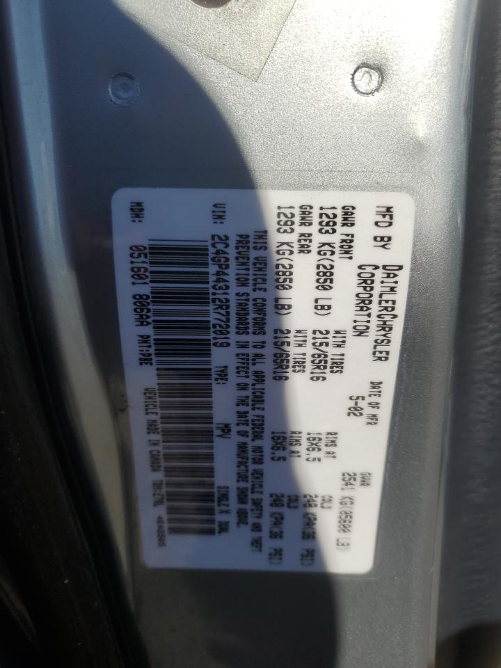 2002 Chrysler Town & Country Lx VIN: 2C4GP44312R772019 Lot: 92676305