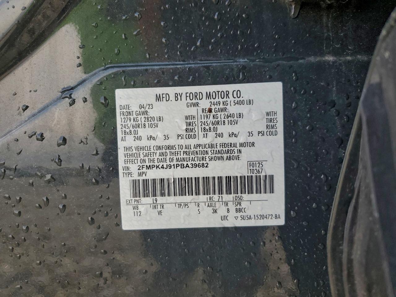 2023 Ford Edge Sel VIN: 2FMPK4J91PBA39682 Lot: 93647675