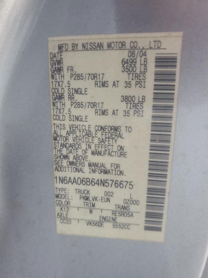 2004 Nissan Titan Xe VIN: 1N6AA06B64N576675 Lot: 93062915
