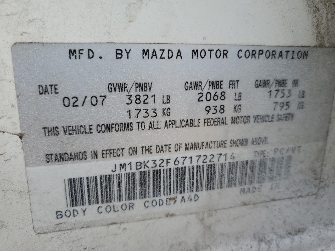 2007 Mazda 3 I VIN: JM1BK32F671722714 Lot: 92173825