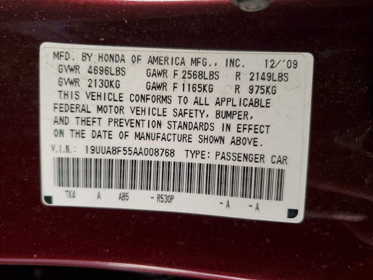 2010 Acura Tl VIN: 19UUA8F55AA008768 Lot: 91210185