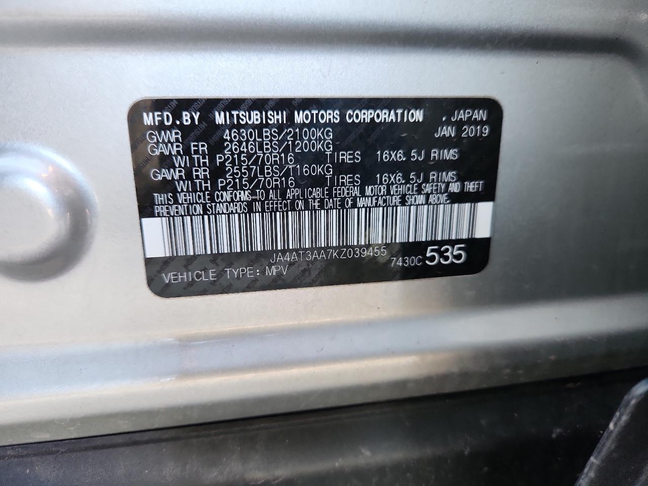 2019 Mitsubishi Eclipse Cross Es VIN: JA4AT3AA7KZ039455 Lot: 92651785