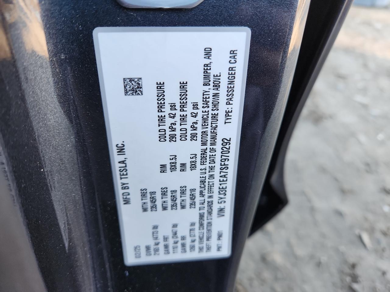 2025 Tesla Model 3 VIN: 5YJ3E1EA7SF970292 Lot: 90986945