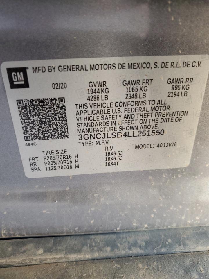 2020 Chevrolet Trax 1Lt VIN: 3GNCJLSB4LL251550 Lot: 92883715