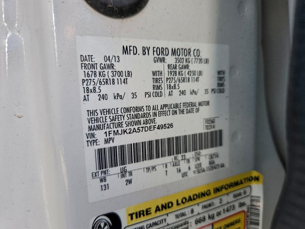 2013 Ford Expedition El Limited VIN: 1FMJK2A57DEF49526 Lot: 92908775