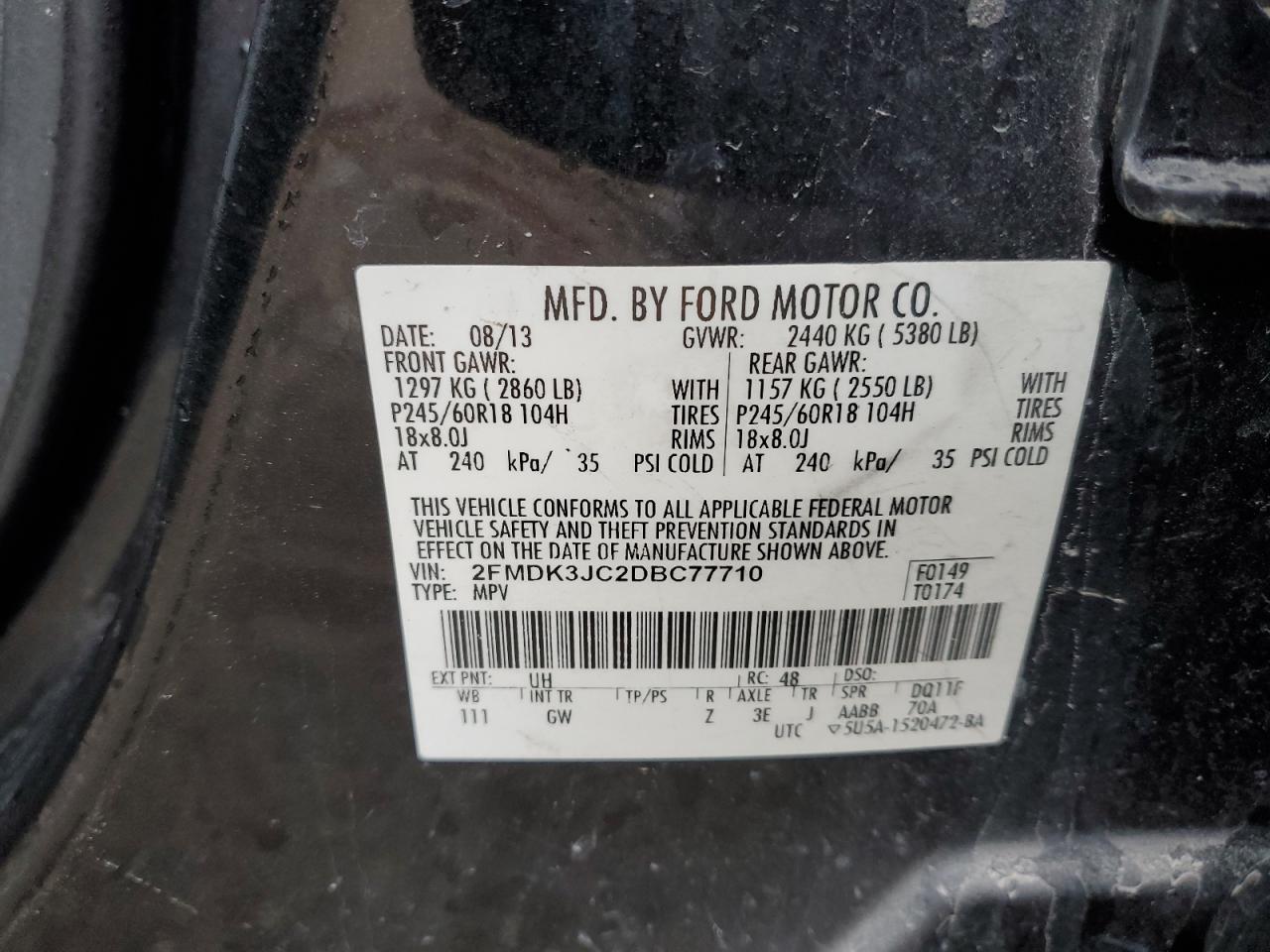 2013 Ford Edge Sel VIN: 2FMDK3JC2DBC77710 Lot: 93001765