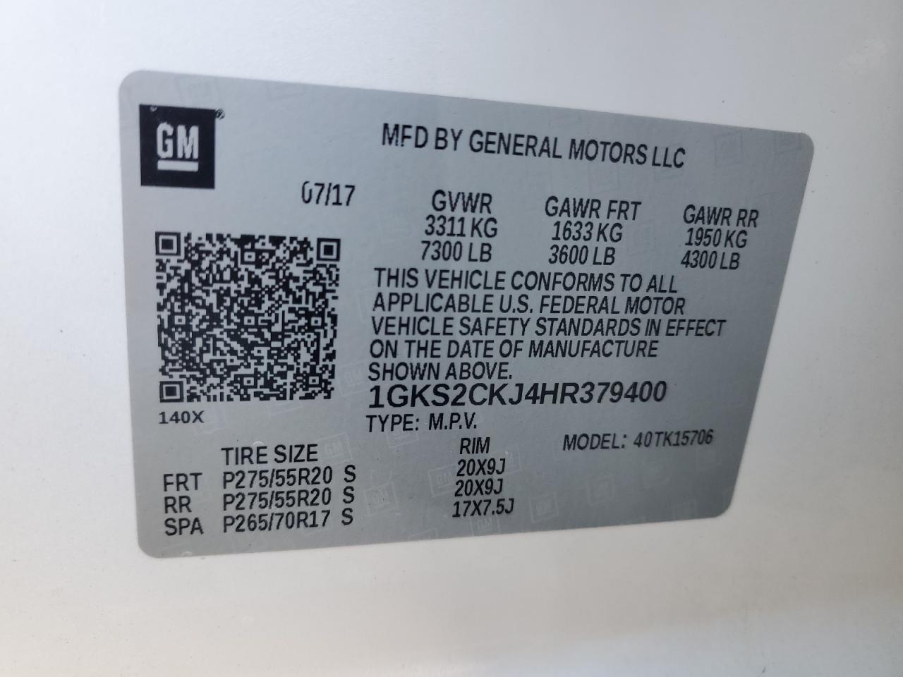 2017 GMC Yukon Denali VIN: 1GKS2CKJ4HR379400 Lot: 91792435