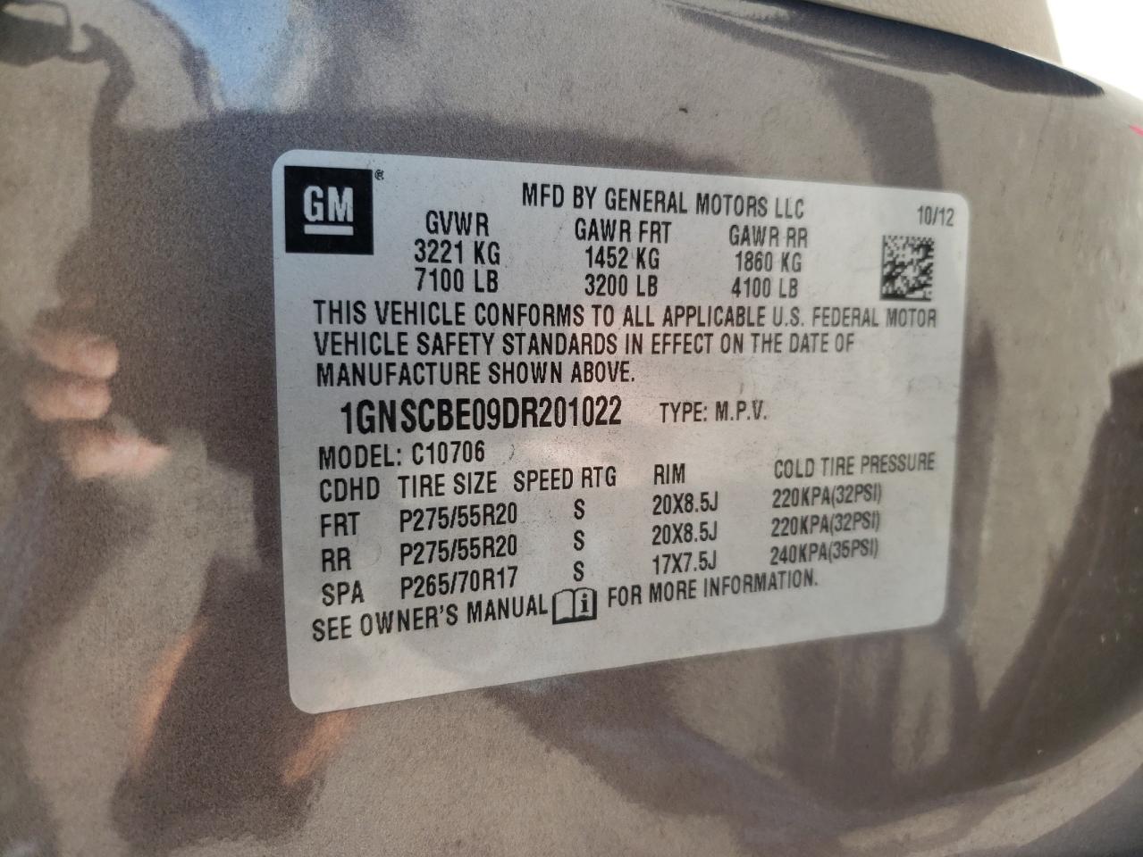 2013 Chevrolet Tahoe C1500 Lt VIN: 1GNSCBE09DR201022 Lot: 92526525