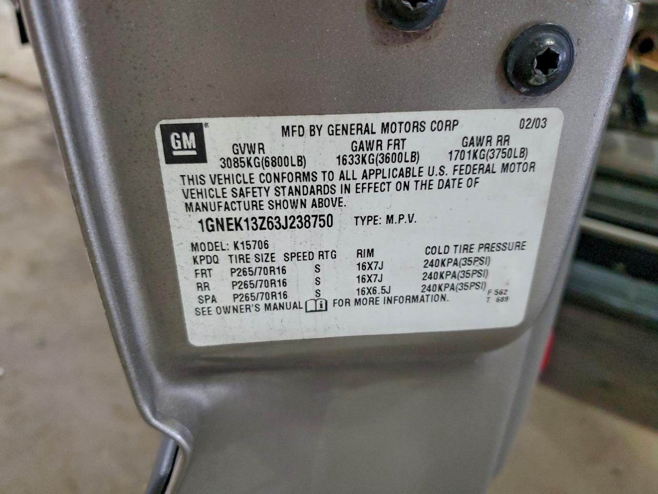 2003 Chevrolet Tahoe K1500 VIN: 1GNEK13Z63J238750 Lot: 93710915