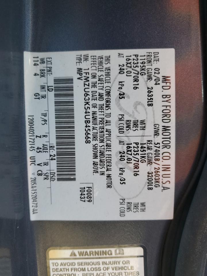 2004 Ford Explorer Xlt VIN: 1FMZU63K54UB45668 Lot: 92838925