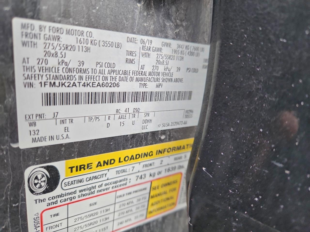 2019 Ford Expedition Max Limited VIN: 1FMJK2AT4KEA60206 Lot: 93852255