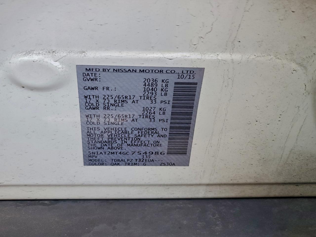 2016 Nissan Rogue S VIN: 5N1AT2MT4GC754986 Lot: 93876485