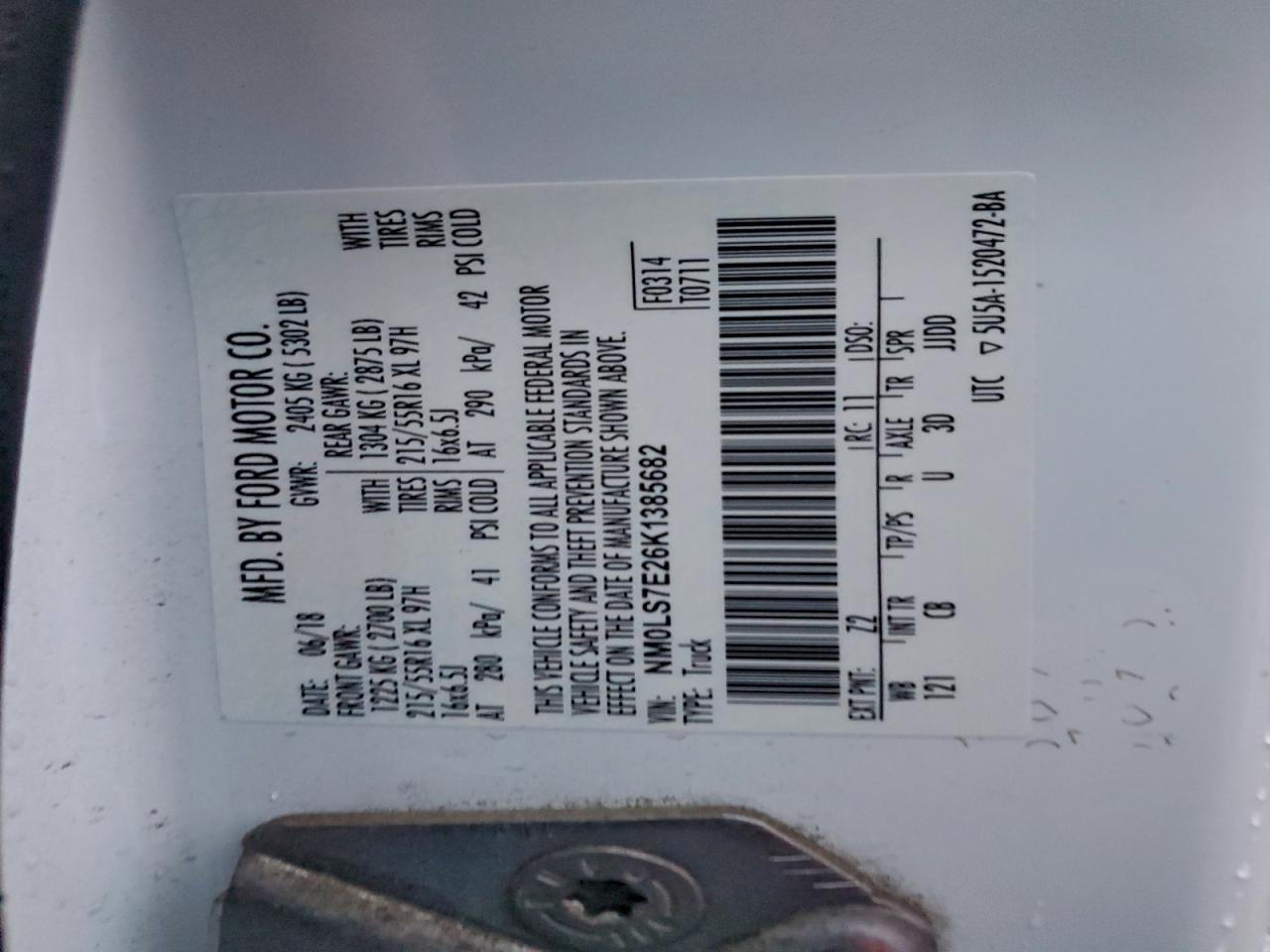 2019 Ford Transit Connect Xl VIN: NM0LS7E26K1385682 Lot: 94237105