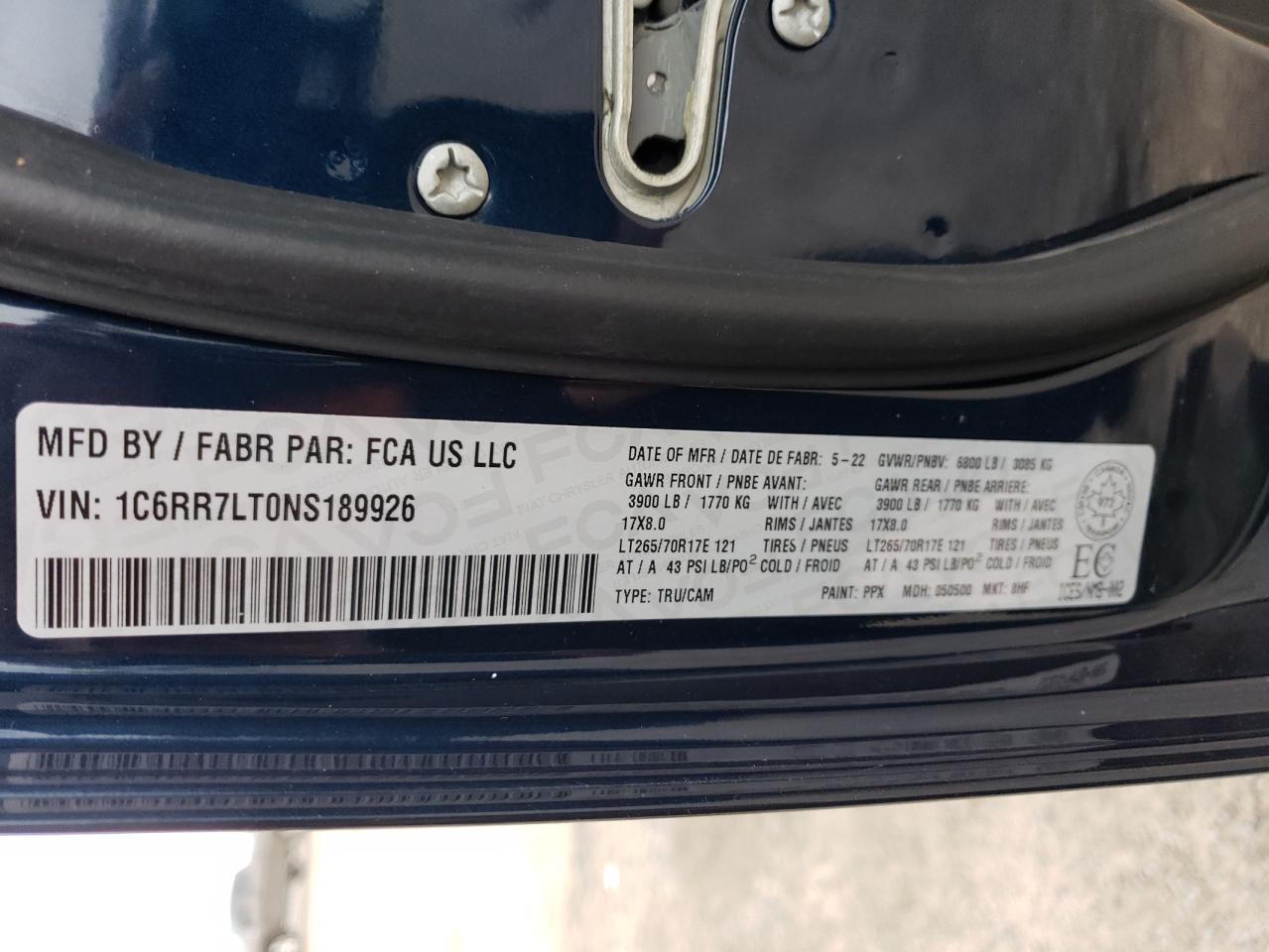 2022 Ram 1500 Classic Slt VIN: 1C6RR7LT0NS189926 Lot: 87206135