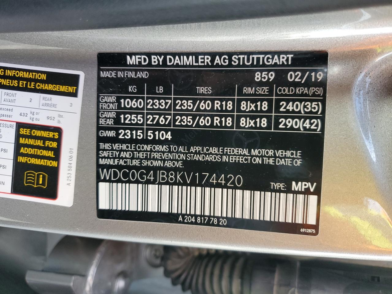 2019 Mercedes-Benz Glc 300 VIN: WDC0G4JB8KV174420 Lot: 93096375