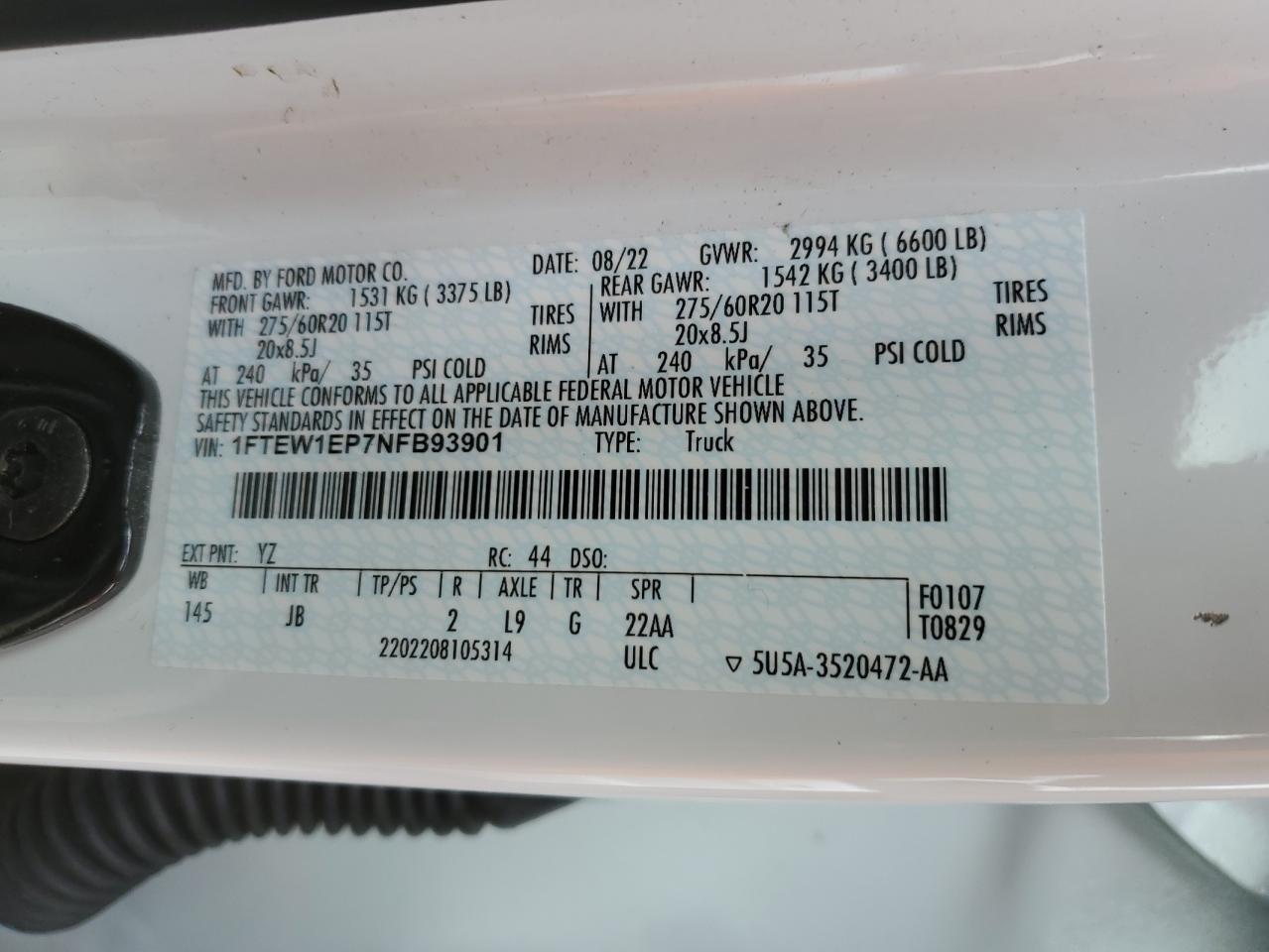 2022 Ford F150 Supercrew VIN: 1FTEW1EP7NFB93901 Lot: 92628235