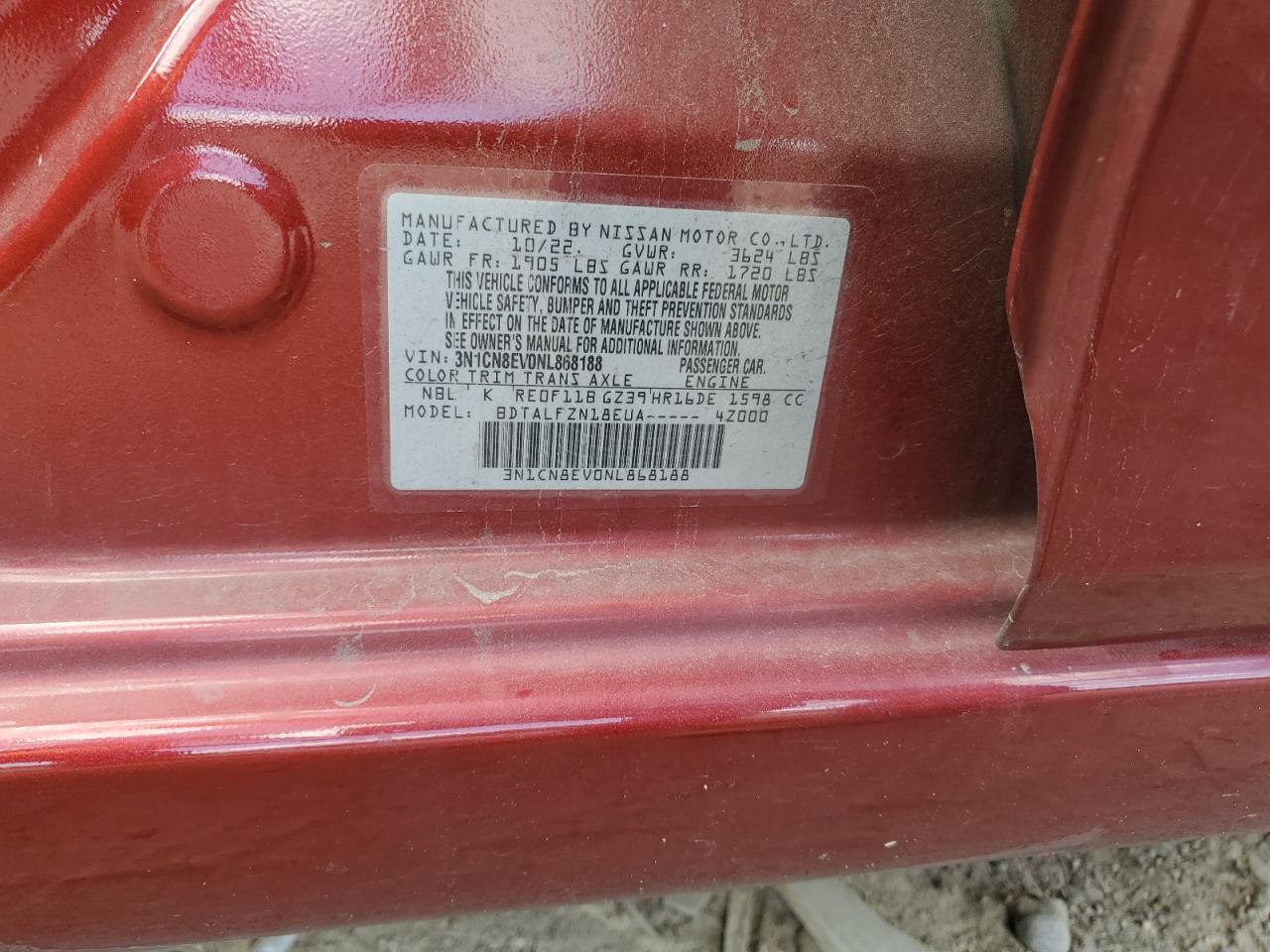 2022 Nissan Versa Sv VIN: 3N1CN8EV0NL868188 Lot: 91754665