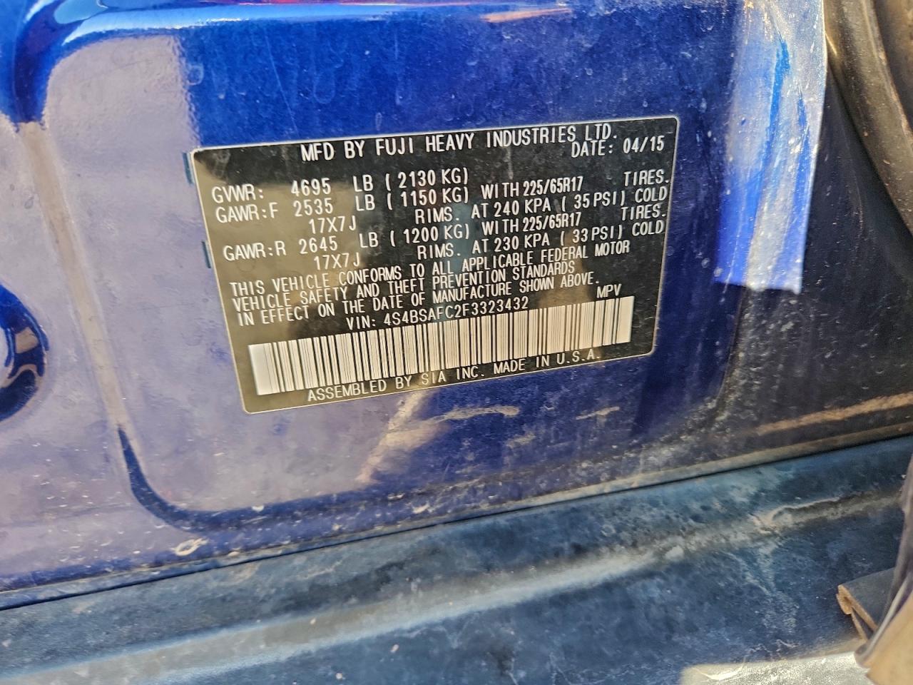 2015 Subaru Outback 2.5I Premium VIN: 4S4BSAFC2F3323432 Lot: 93976625