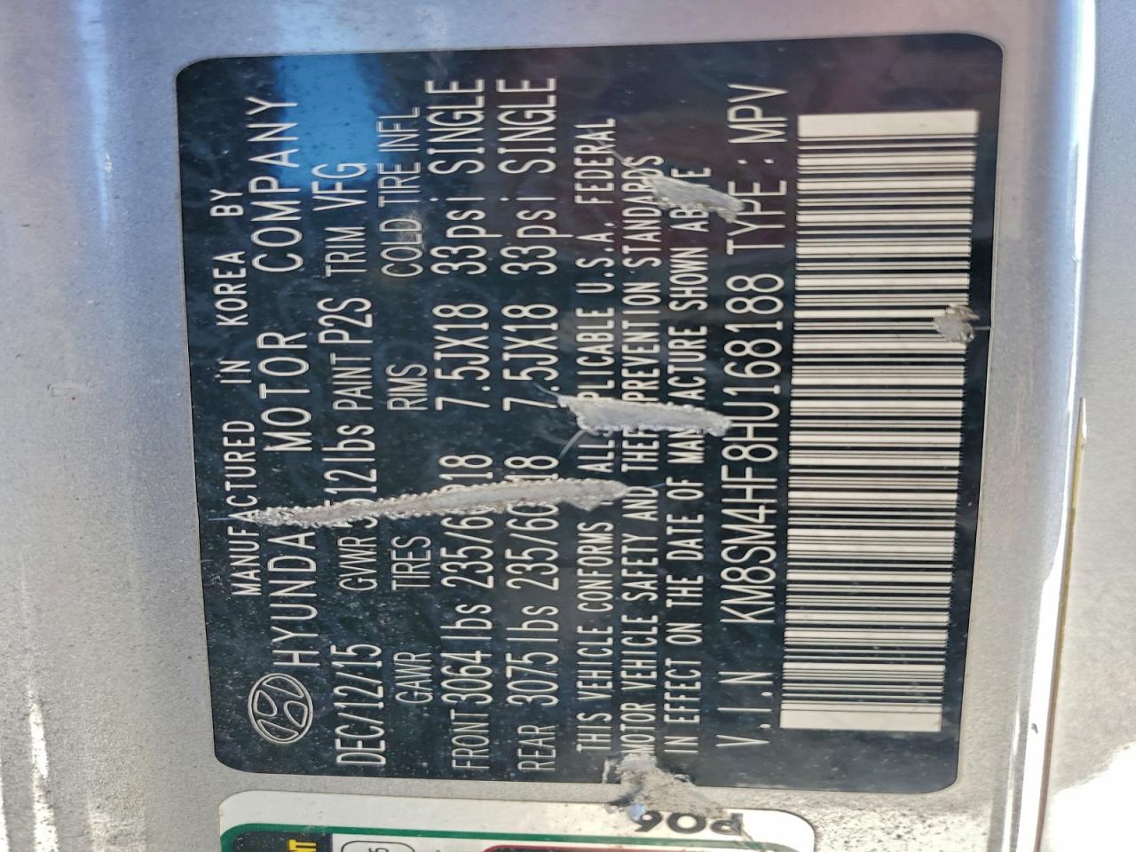 2017 Hyundai Santa Fe Se VIN: KM8SM4HF8HU168188 Lot: 94562755