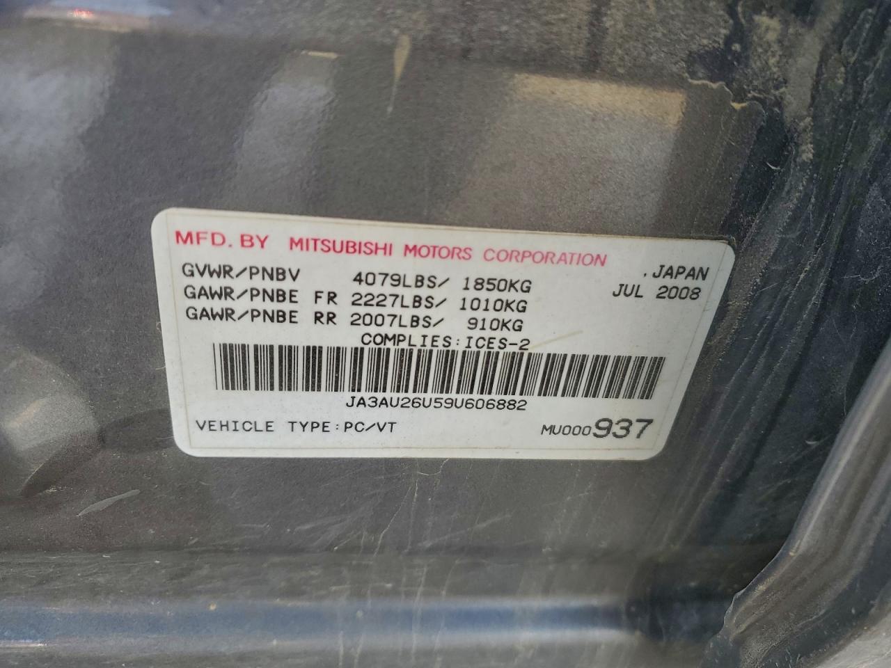 2009 Mitsubishi Lancer Es/Es Sport VIN: JA3AU26U59U606882 Lot: 91466895