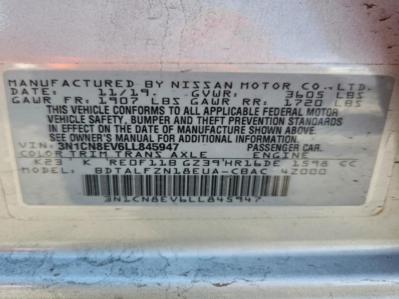 2020 Nissan Versa Sv VIN: 3N1CN8EV6LL845947 Lot: 94278875