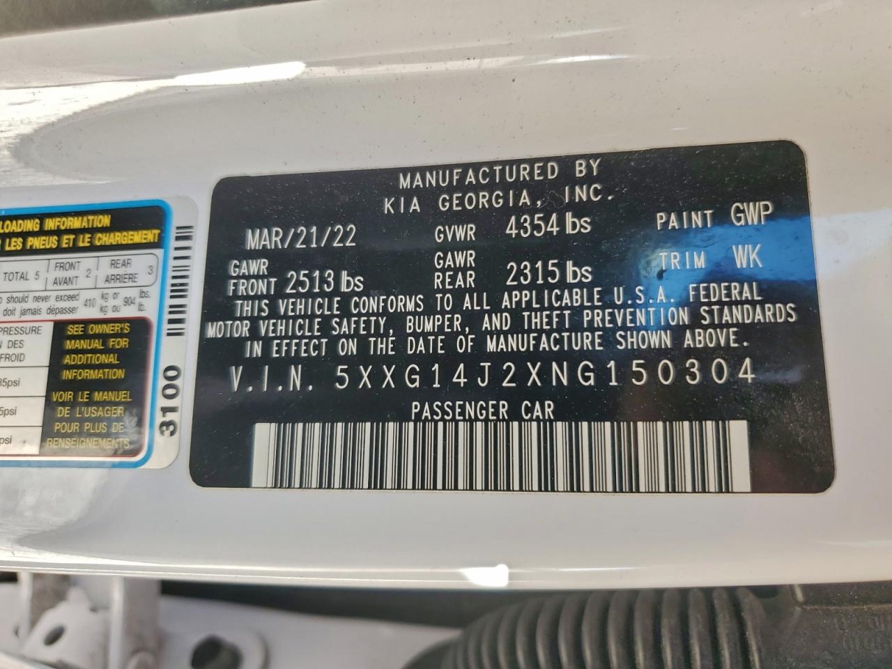 2022 Kia K5 Lxs VIN: 5XXG14J2XNG150304 Lot: 94835185