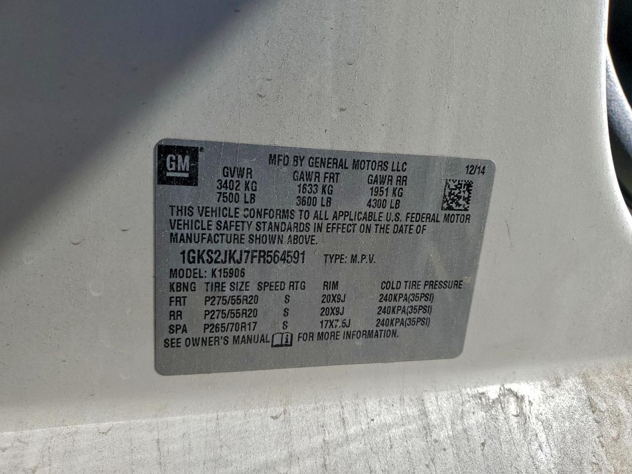 2015 GMC Yukon Xl Denali VIN: 1GKS2JKJ7FR564591 Lot: 94158535
