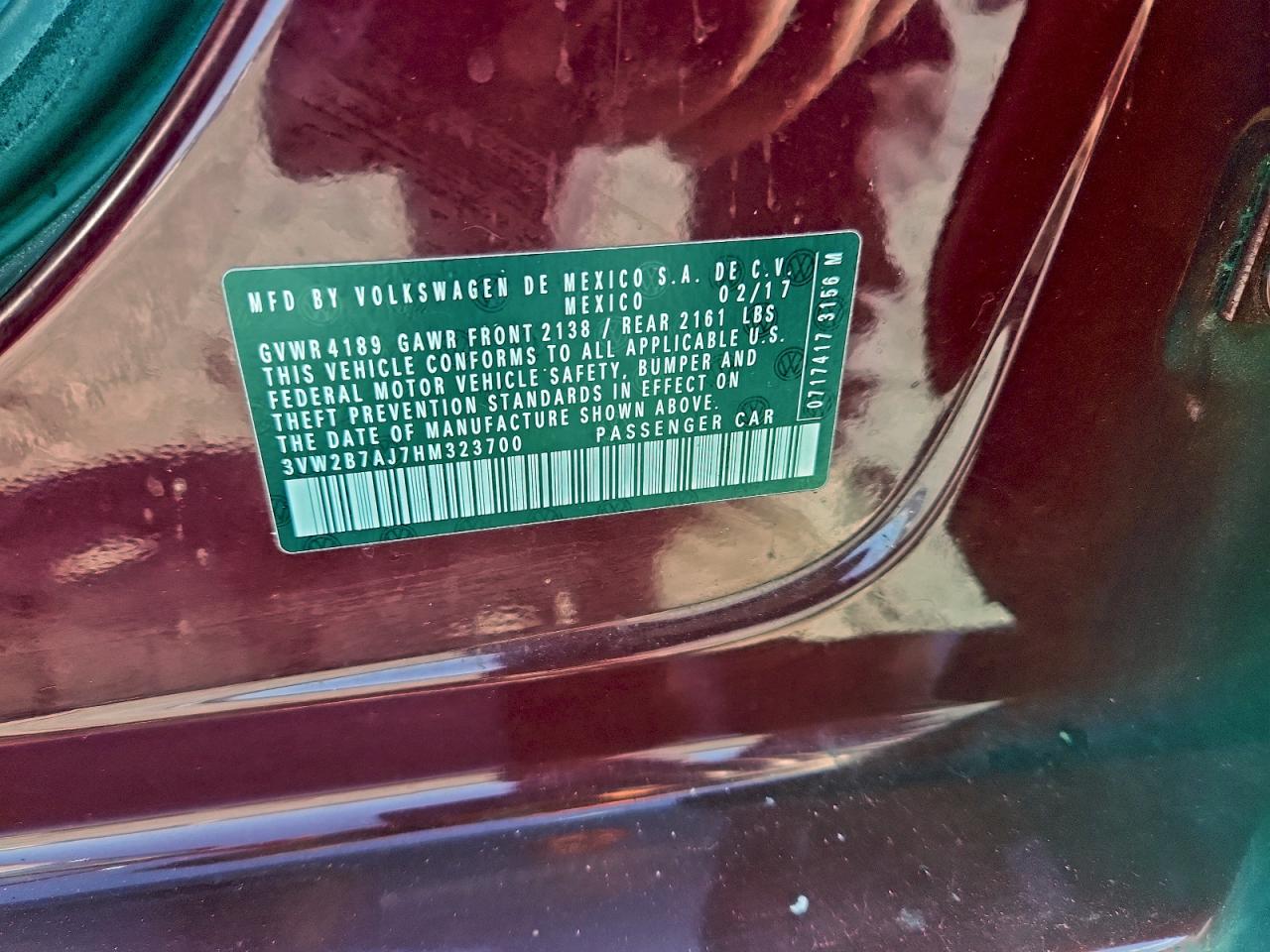 2017 Volkswagen Jetta S VIN: 3VW2B7AJ7HM323700 Lot: 94542205