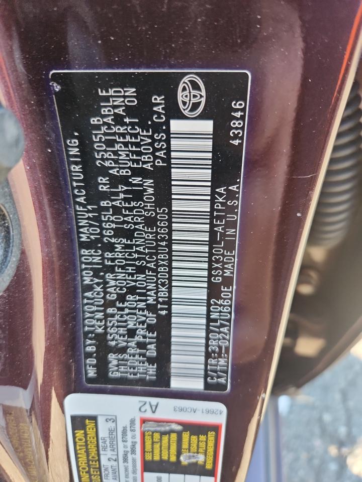 2011 Toyota Avalon Base VIN: 4T1BK3DBXBU436605 Lot: 92884685