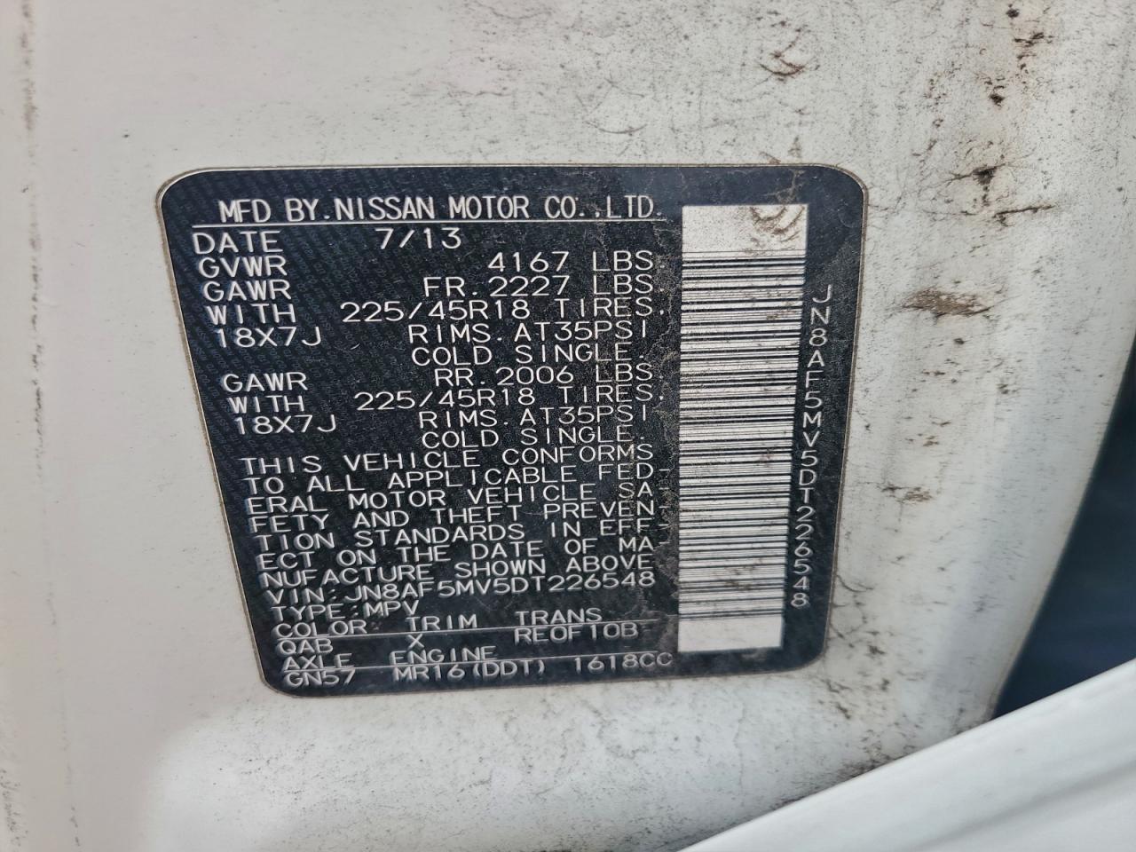 2013 Nissan Juke S VIN: JN8AF5MV5DT226548 Lot: 93354955